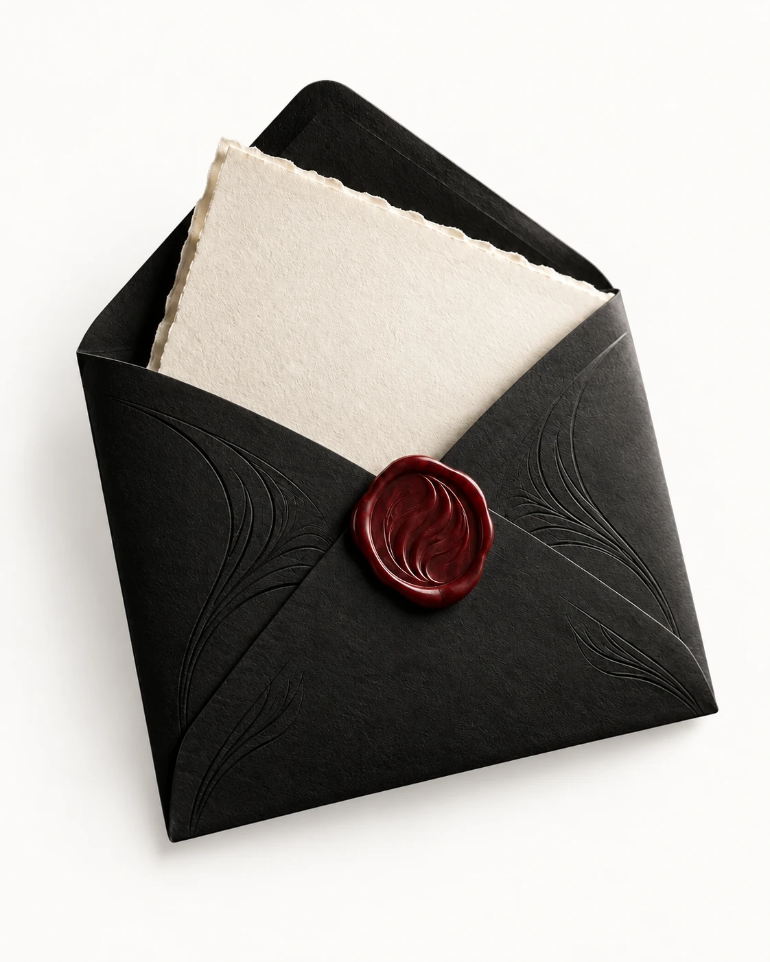 Black archival envelope with ivory correspondence and a red wax seal